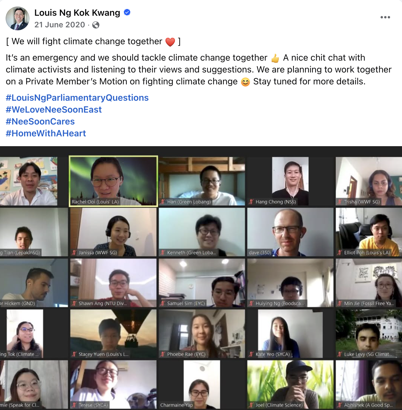 Screenshot of MP Louis Ng's Facebook post about a Zoom discussion with climate activists to collaborate on a motion for fighting climate change