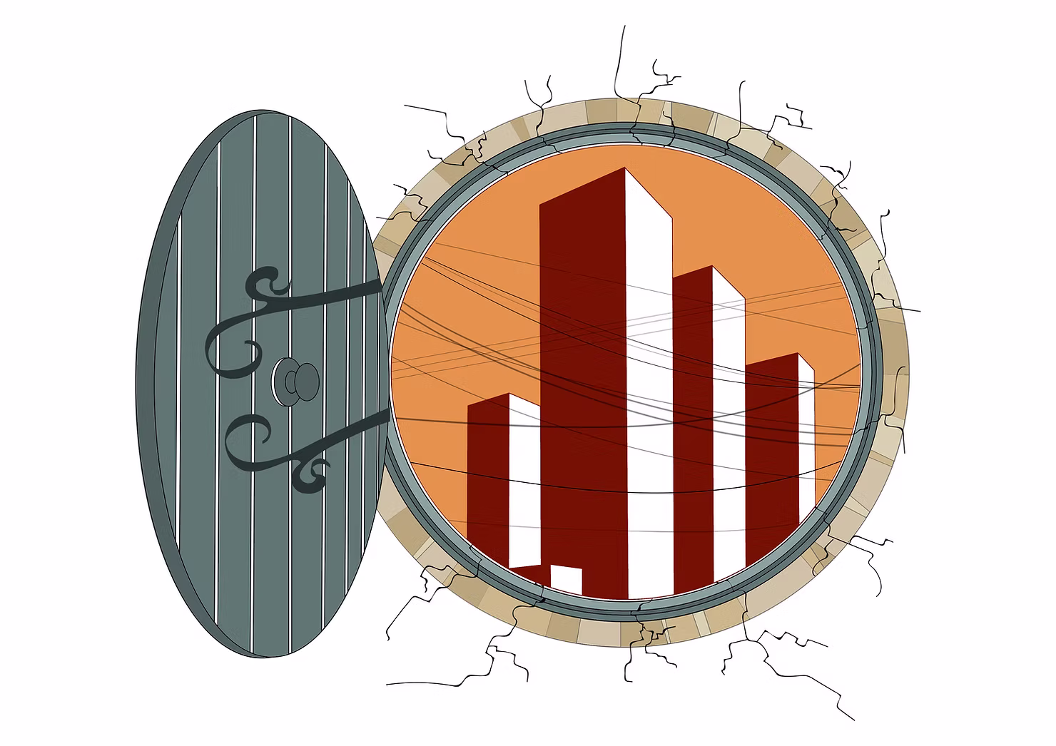 illustration of a round hobbit door opening to reveal a city crossed with wires